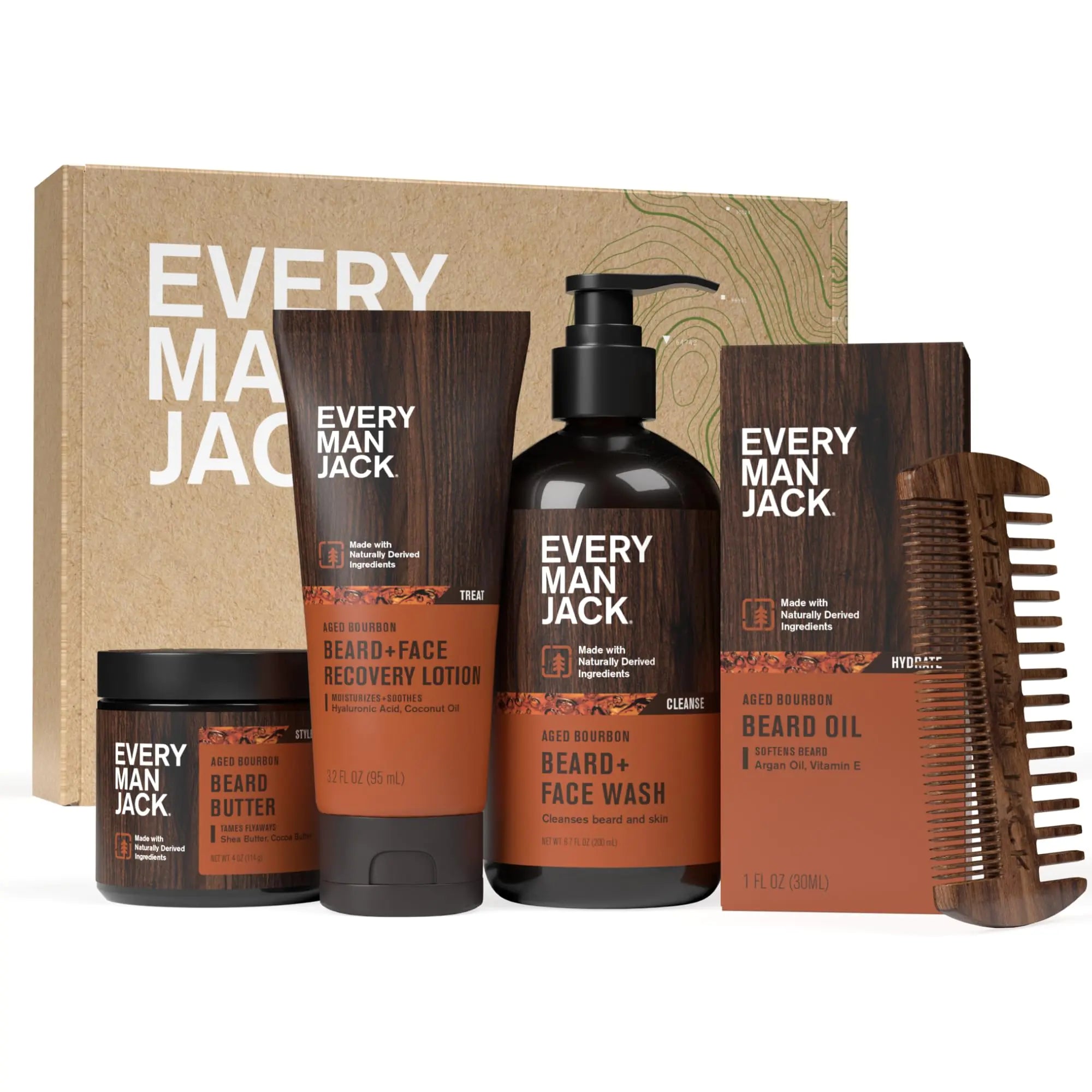 Every Man Jack Mens Aged Bourbon Beard Set - Five Full-Sized Grooming Essentials For a Complete Routine - Beard + Face Wash Beard + Face Lotion Hydrating Beard Oil Beard Butter and Beard Comb Aged Bourbon