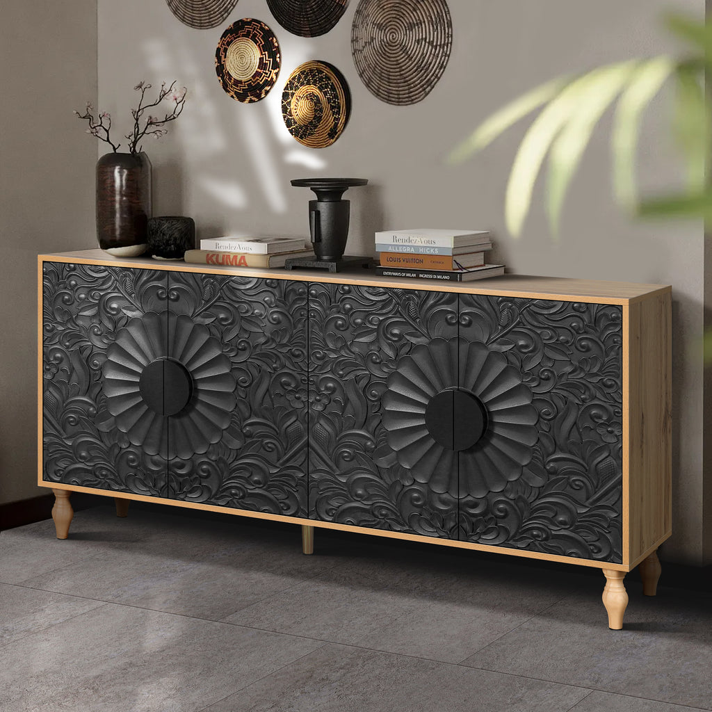 Ivers Carved-Door Sideboard, Black and Natural, 63 in