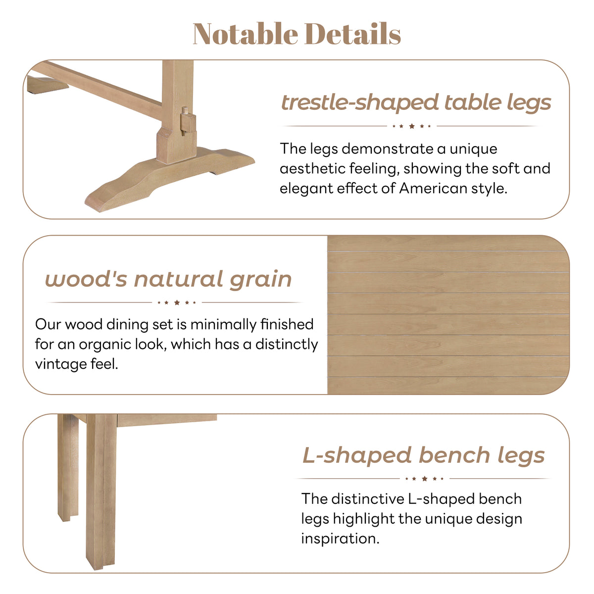 Tiberio 3-Piece Trestle Dining Set with 2 Benches, Natural Wood