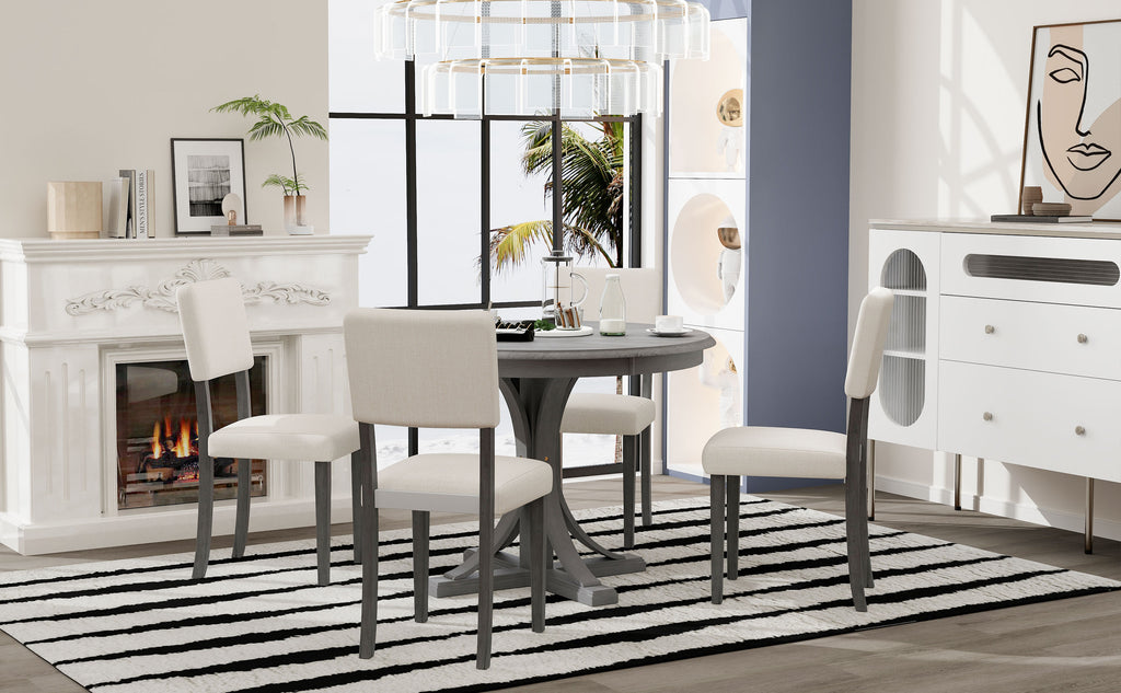 TREXM Five Piece Retro Round Dining Table Set with Curved Brackets and 4 Restaurant Cushioned Chairs (Dark Gray)