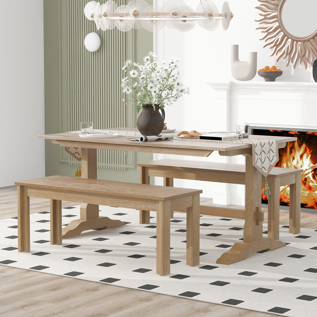 Tiberio 3-Piece Trestle Dining Set with 2 Benches, Natural Wood