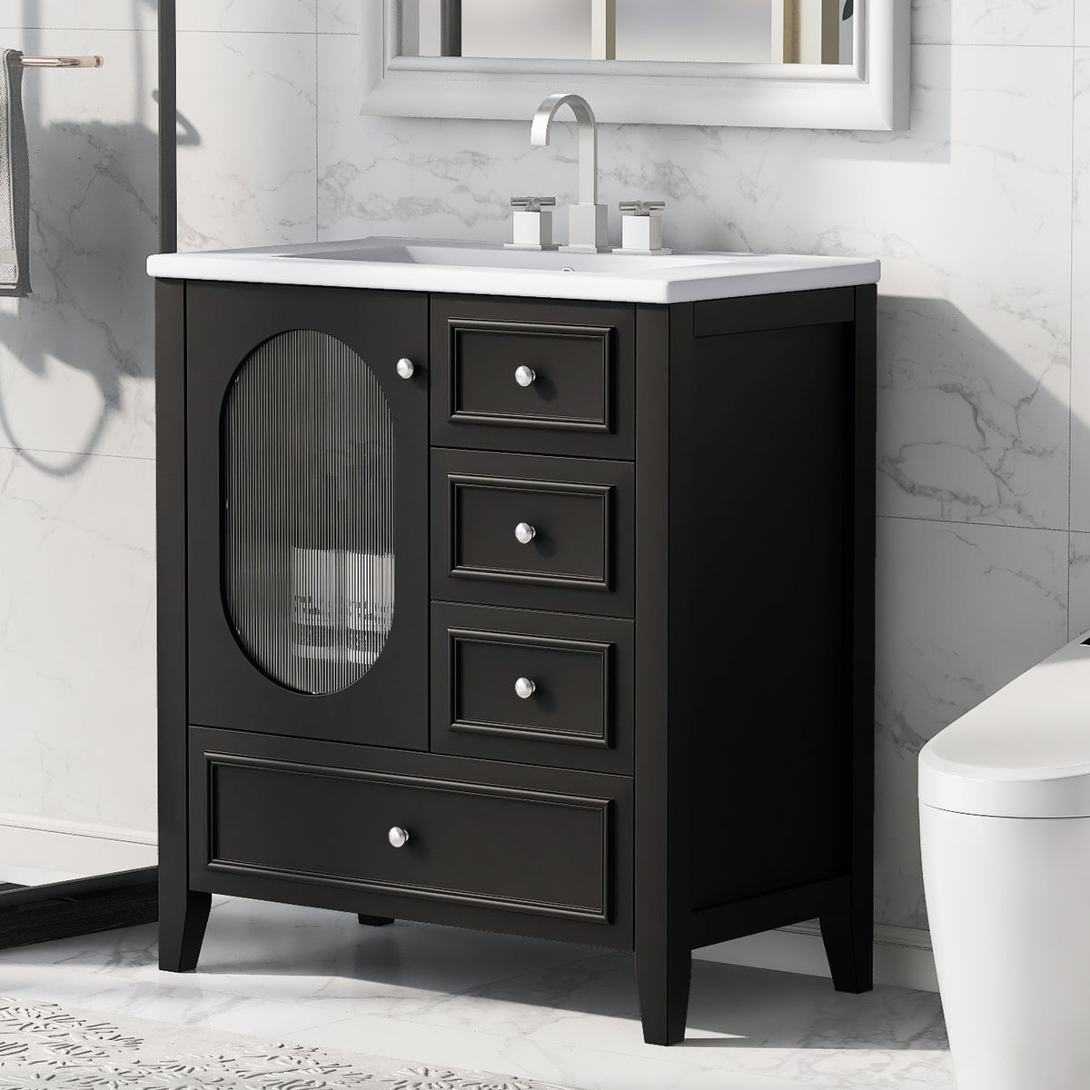 Giotto Three-Drawer Bathroom Vanity with Sink, Black, 30 in