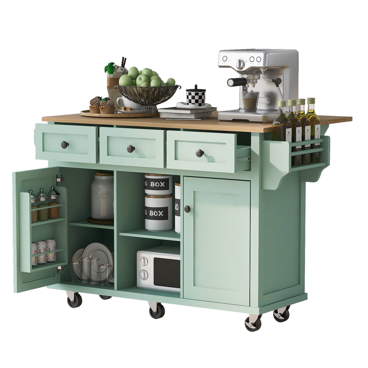 Novara Rubberwood Drop-Leaf Kitchen Island Cart, Mint Green