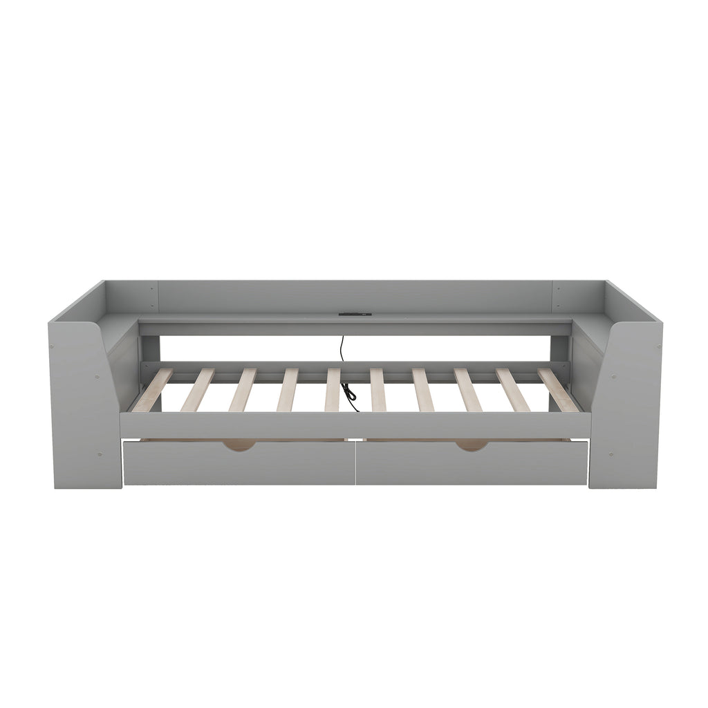 Twin Size Daybed with Shelves, Drawers and Built-In Charging Station, Gray