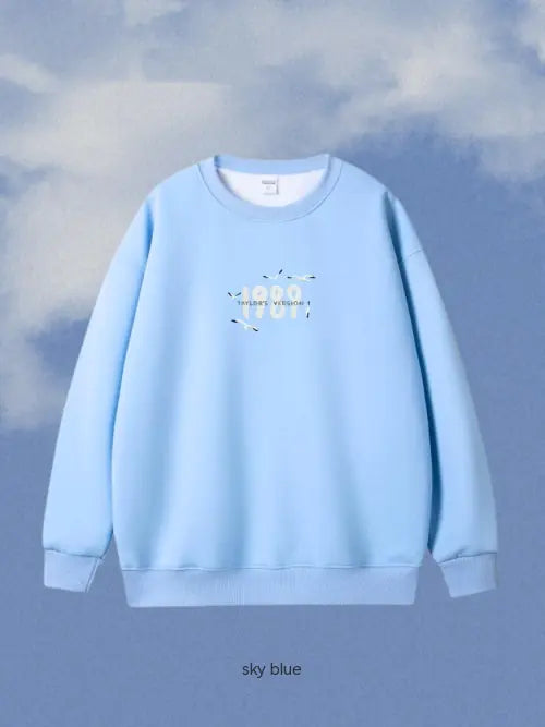 Embroidered Heavyweight Cotton Round Neck Hoodie Blue M