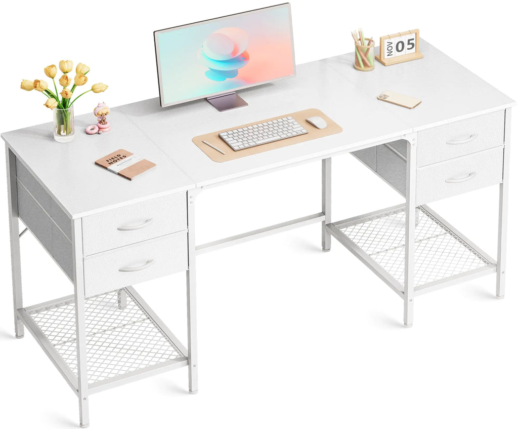 Huuger 55 Inch Computer Desk with 4 Drawers Office Desk with Mesh Shelf Gaming Desk Large Storage Writing Desk Work Desk for Home Office Study Bedroom Work from Home White White 55 inch