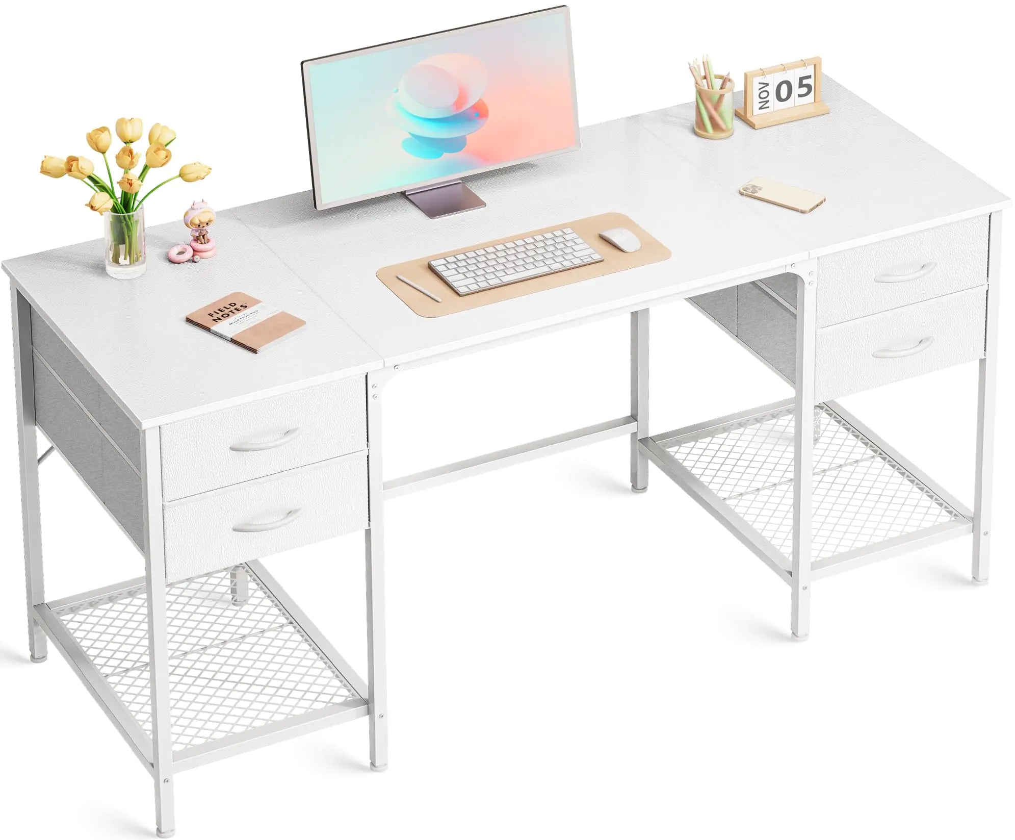 Huuger 55 Inch Computer Desk with 4 Drawers Office Desk with Mesh Shelf Gaming Desk Large Storage Writing Desk Work Desk for Home Office Study Bedroom Work from Home White White 55 inch