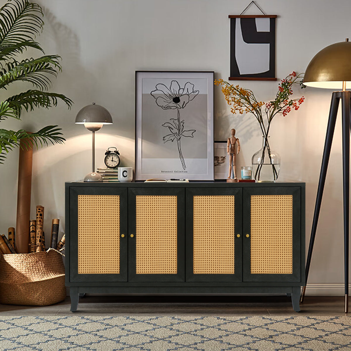 Kristoff Rattan Four-Door Sideboard, Dark Grey, 60 in