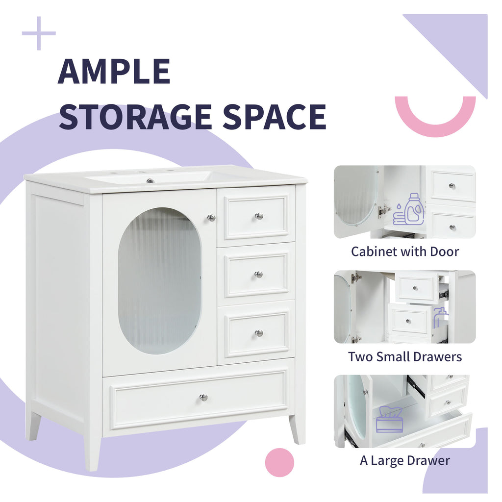 Giotto Three-Drawer Bathroom Vanity with Sink, White, 30 in