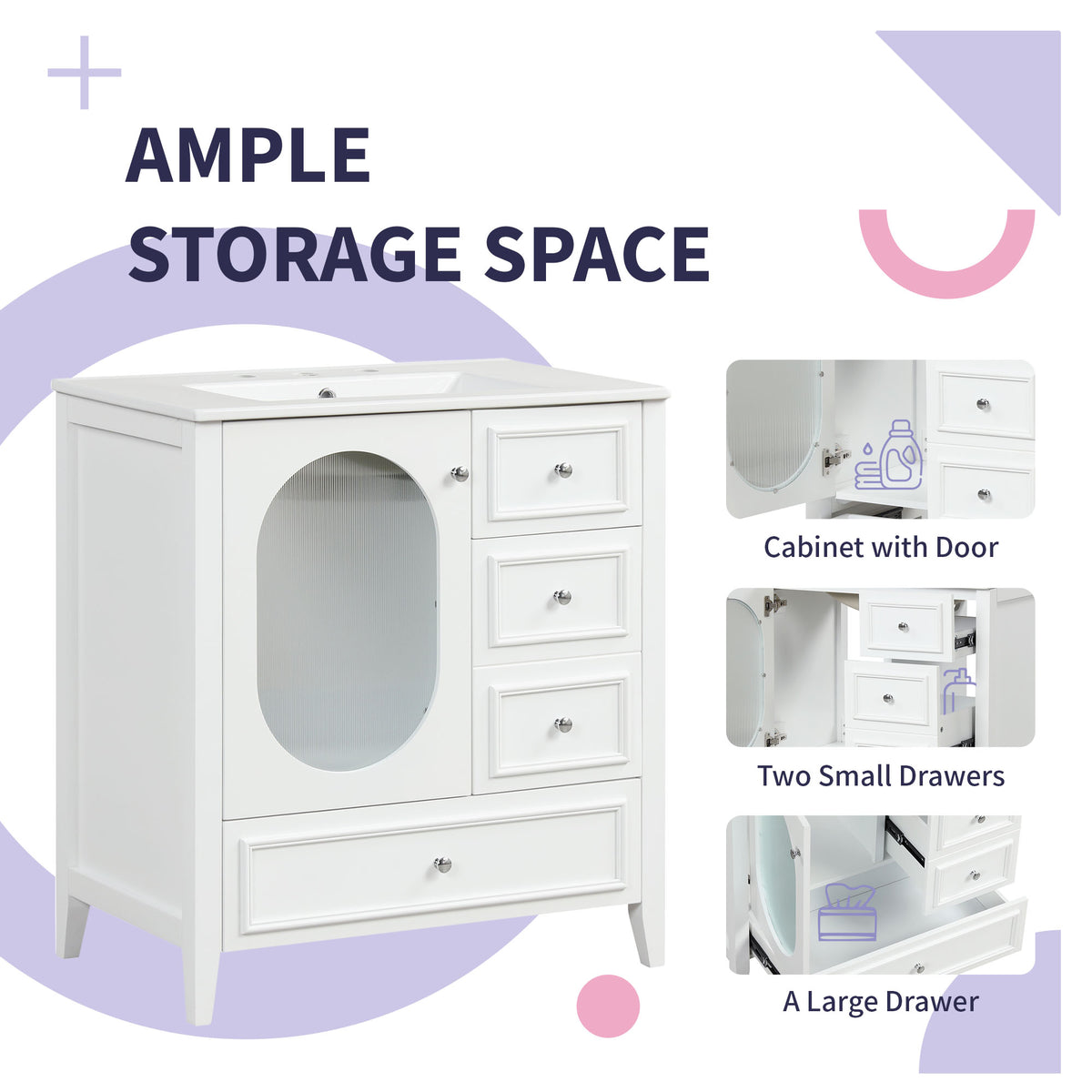 Giotto Three-Drawer Bathroom Vanity with Sink, White, 30 in