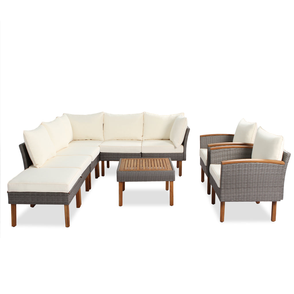 Alessia 9-Piece Wicker and Acacia Sectional Set, Beige