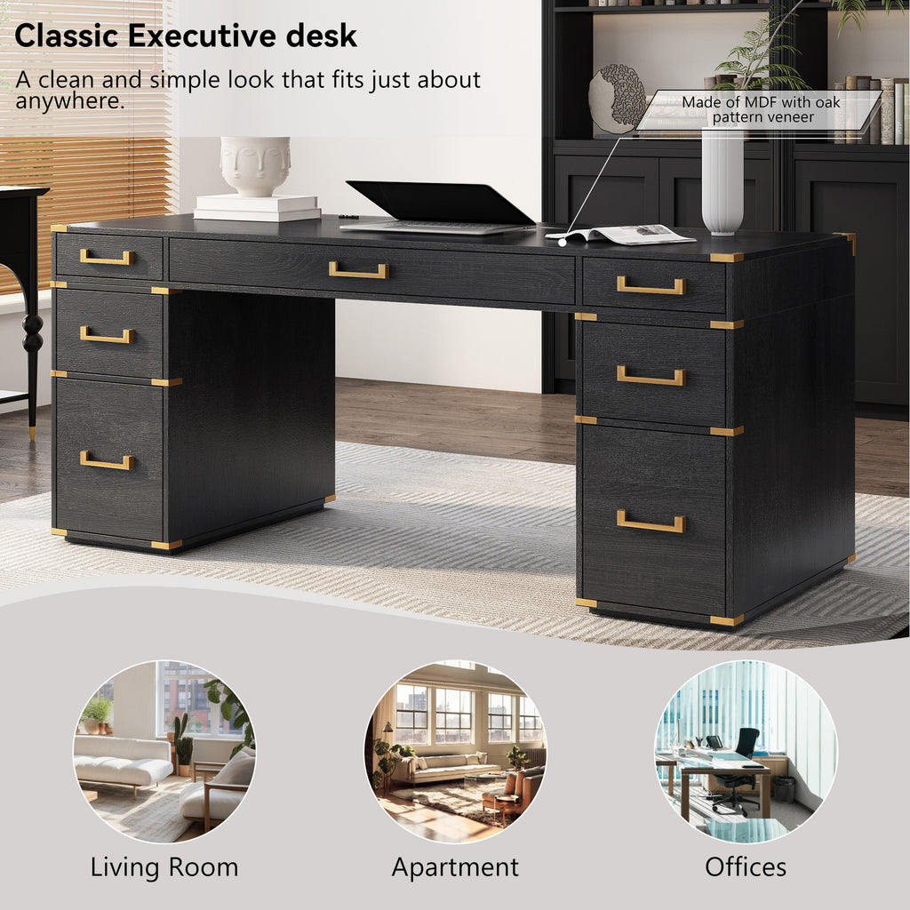 Sheridan Metal-Trim Executive Desk, Black and Gold, 70 in