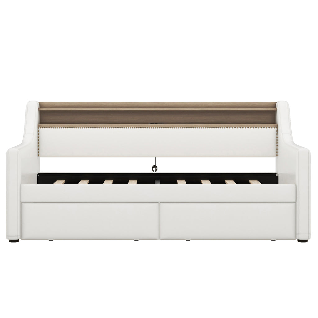 Twin Size Daybed with Drawers, Upholstered Daybed with Charging Station and LED Lights, White