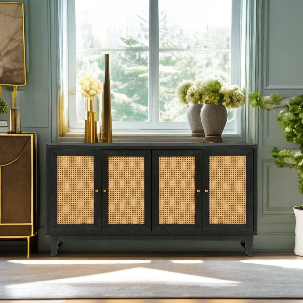 Kristoff Rattan Four-Door Sideboard, Dark Grey, 60 in