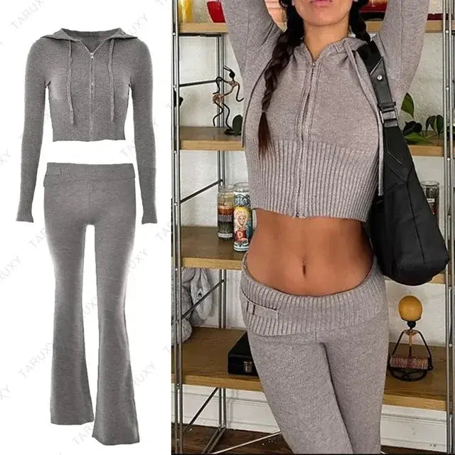 Knitted Hoodie Cropped Top And Pants Set - Eloy Royal