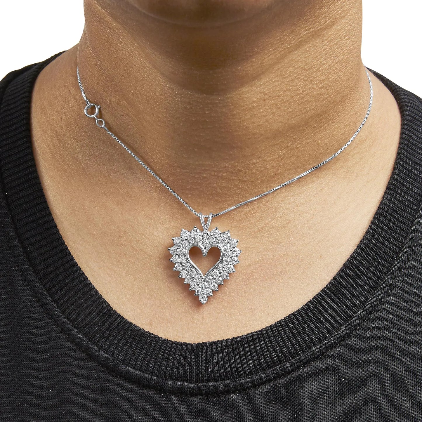 925 Sterling Silver 4.0 Cttw Diamond Two Row Open Heart 18" Pendant Necklace (I-J Color, I2-I3 Clarity)