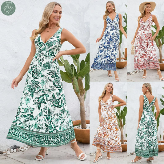 Fashion Floral Print V-neck Dress Summer Sexy Slim Fit Sleeveless Long Dress - Eloy Royal