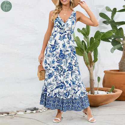 Fashion Floral Print V-neck Dress Summer Sexy Slim Fit Sleeveless Long Dress - Eloy Royal