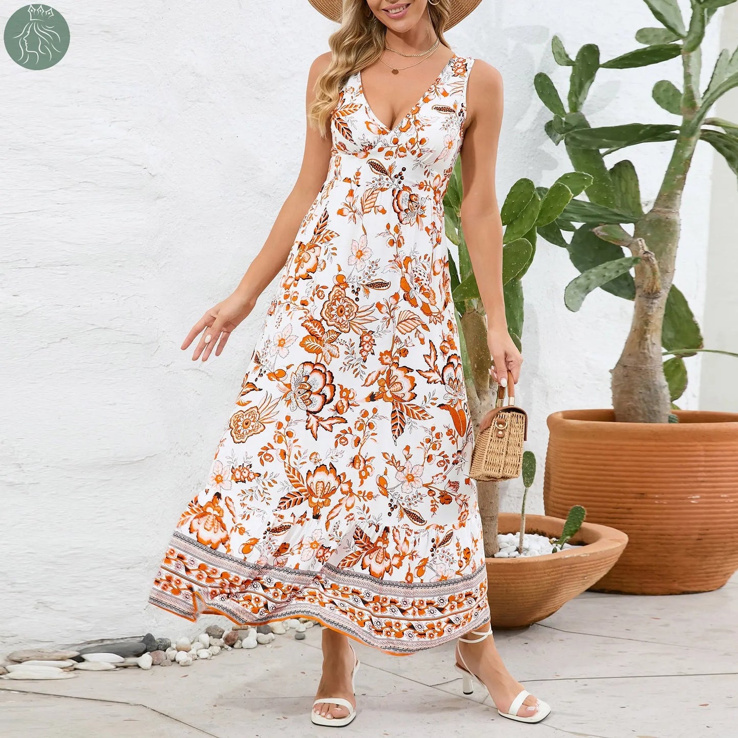 Fashion Floral Print V-neck Dress Summer Sexy Slim Fit Sleeveless Long Dress - Eloy Royal