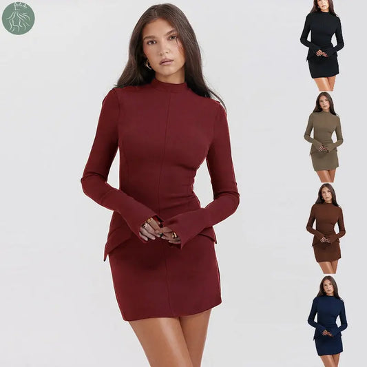 Fashion Long Sleeve Dress With Two Pockets Slim Bodycon Hip Short Dress For Women - Eloy Royal