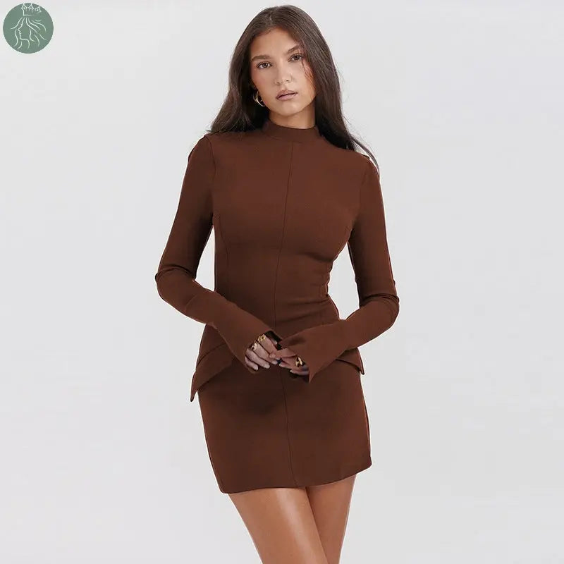 Fashion Long Sleeve Dress With Two Pockets Slim Bodycon Hip Short Dress For Women - Eloy Royal