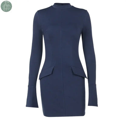 Fashion Long Sleeve Dress With Two Pockets Slim Bodycon Hip Short Dress For Women - Eloy Royal