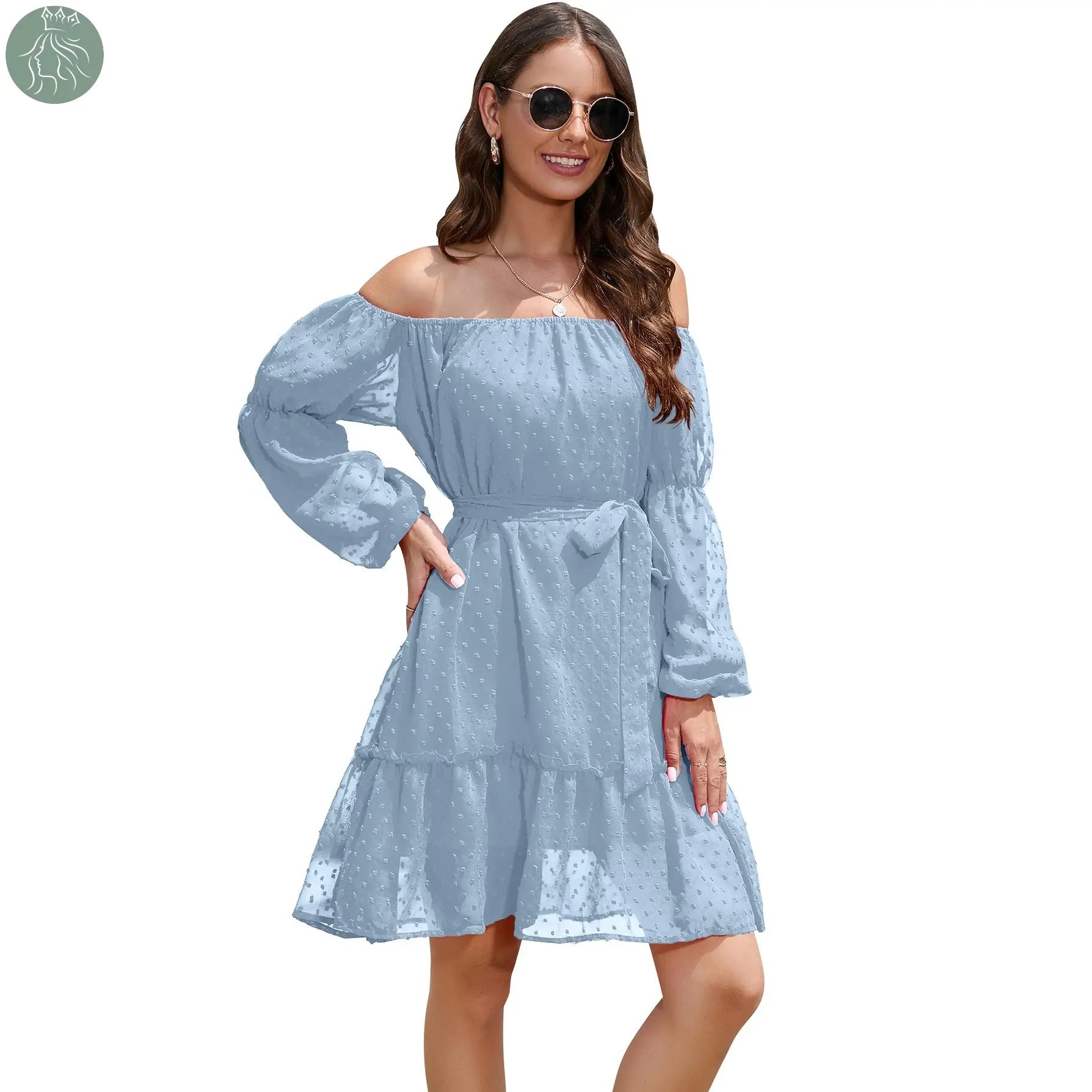 Fashion One-shoulder Long Sleeve Dress For Women Tie Waist Off-shoulder Bubble Dot Ruffle Design Chiffon Dress - Eloy Royal