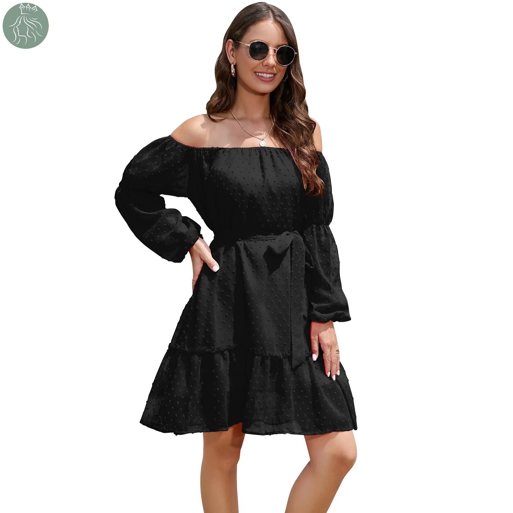 Fashion One-shoulder Long Sleeve Dress For Women Tie Waist Off-shoulder Bubble Dot Ruffle Design Chiffon Dress - Eloy Royal