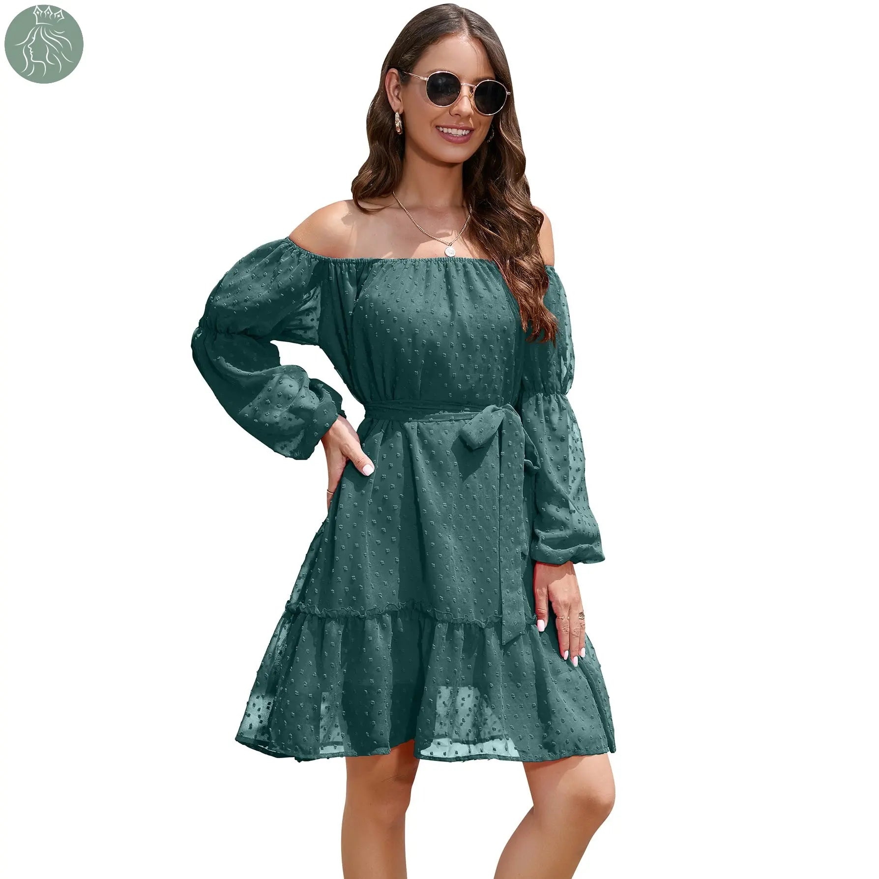 Fashion One-shoulder Long Sleeve Dress For Women Tie Waist Off-shoulder Bubble Dot Ruffle Design Chiffon Dress - Eloy Royal