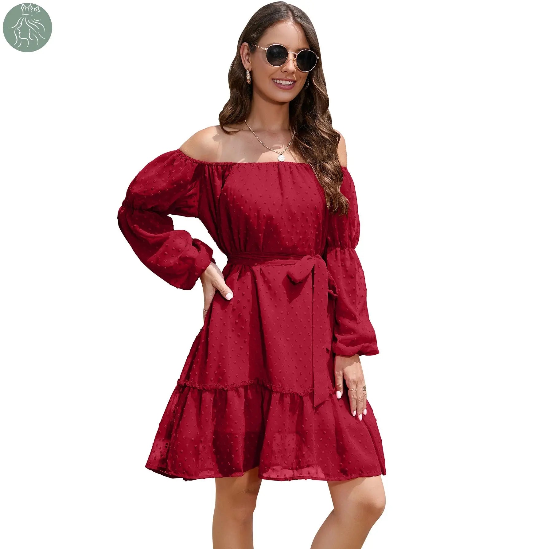 Fashion One-shoulder Long Sleeve Dress For Women Tie Waist Off-shoulder Bubble Dot Ruffle Design Chiffon Dress - Eloy Royal