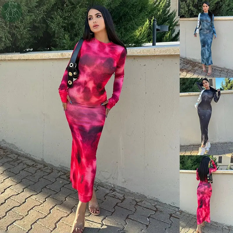 Fashion Tie-dye Long-sleeved Dress Slim Fit Hip-hugging Long Dress Womens Clothing - Eloy Royal