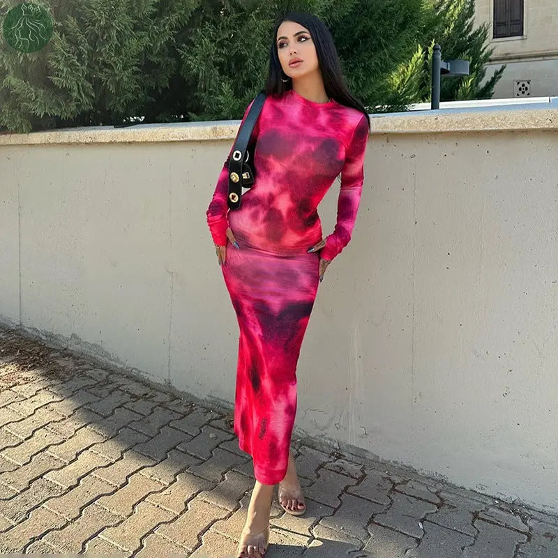 Fashion Tie-dye Long-sleeved Dress Slim Fit Hip-hugging Long Dress Womens Clothing - Eloy Royal