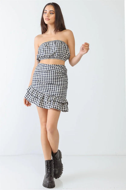 Plaid Strapless Crop Top & High Waist Flare Hem Mini Skirt Set