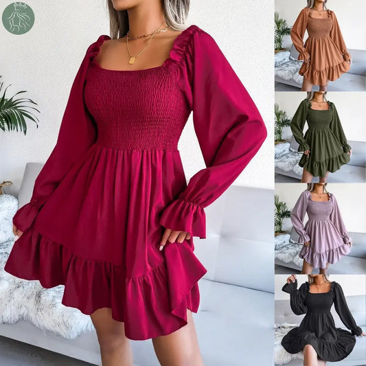 Flared Long Sleeve Dresses Women Square Neck Ruffled Swing Dress - Eloy Royal