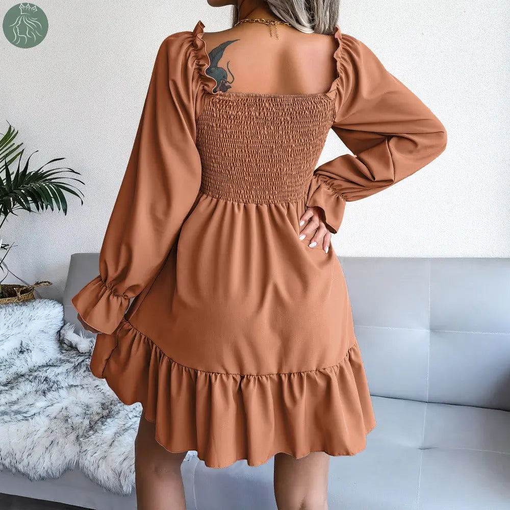 Flared Long Sleeve Dresses Women Square Neck Ruffled Swing Dress - Eloy Royal