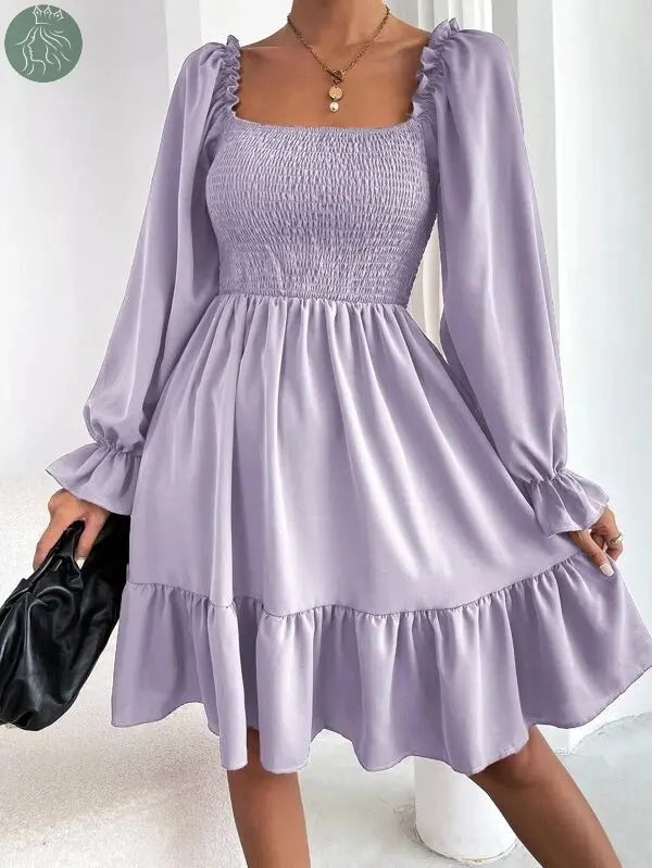 Flared Long Sleeve Dresses Women Square Neck Ruffled Swing Dress - Eloy Royal