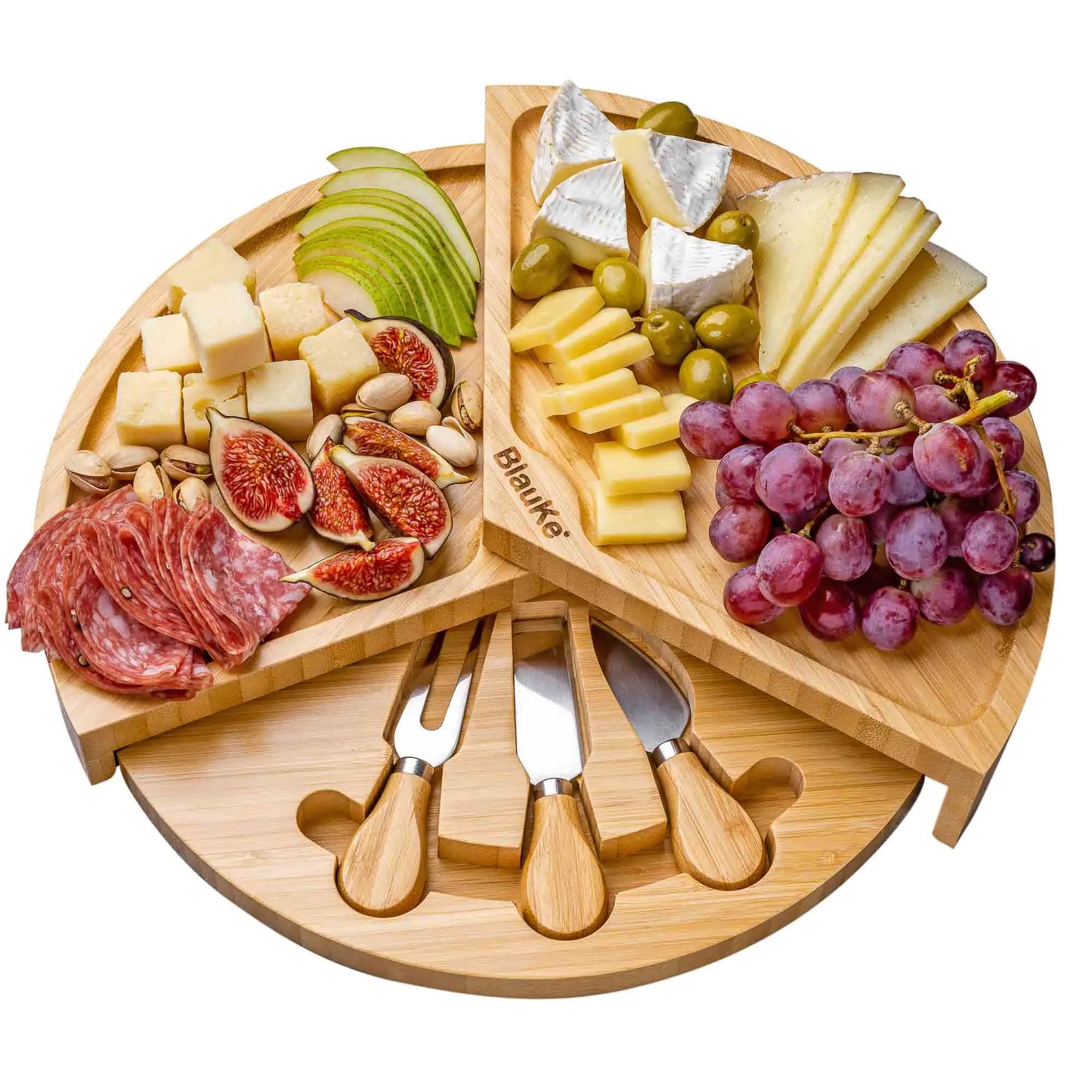 Bamboo Cheese Board and Knife Set - 14 Inch Swiveling Charcuterie Board with Slide-Out Drawer - Cheese Serving Platter, Round Serving Tray - Eloy Royal