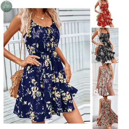 Floral Print Suspender Dress With Elastic Waist Design Fashion Summer Short Dresses Womens Clothing - Eloy Royal