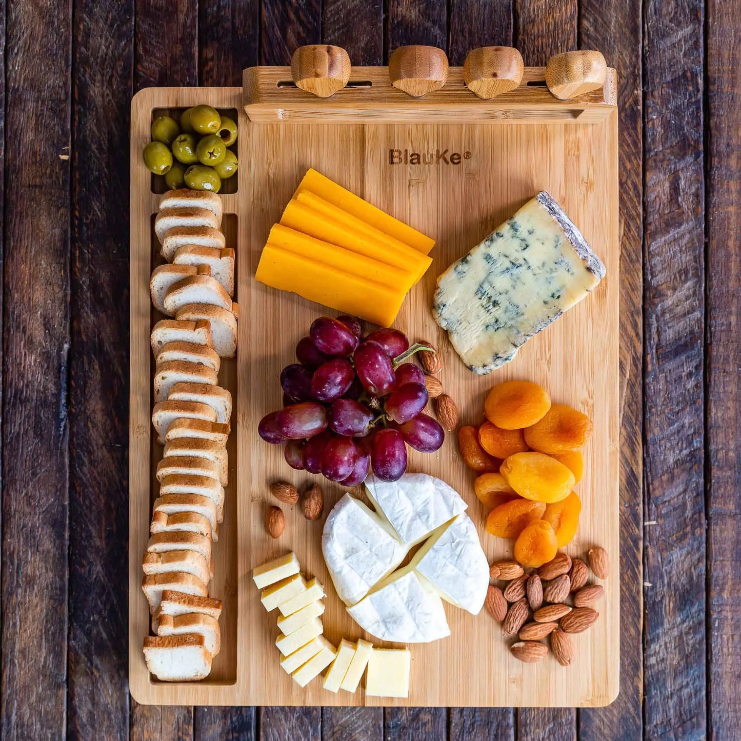 Bamboo Cheese Board and Knife Set - 14x11 inch Charcuterie Board with 4 Cheese Knives - Wood Serving Tray - Eloy Royal