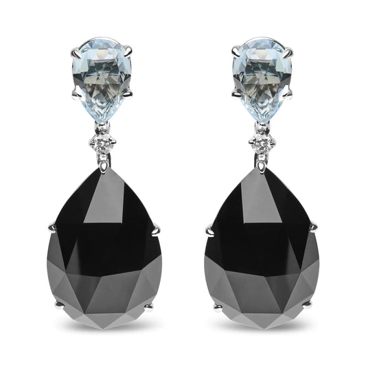 18K White Gold 1/5 Cttw Diamond with Pear Cut Sky Blue Topaz and Pear-Cut Black Onyx Gemstone Dangle Earring (G-H Color, SI1-SI2 Clarity)