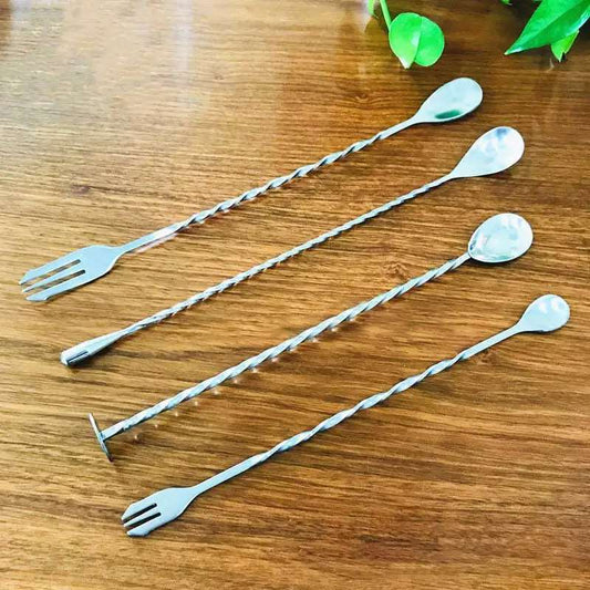 1Pcs Cocktail Fork Spoon Stainless Steel Cocktail Bar Durable Bar Appliances Stirring Rod Spiral Shape Double Head Kitchenware