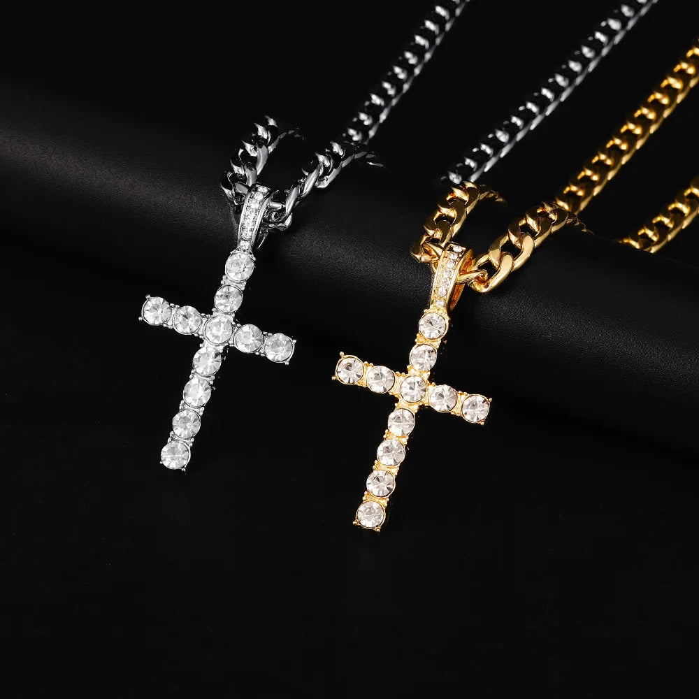 Men Women Hip Hop Cross Pendant Necklace With 4mm Zircon Tennis Chain Iced Out Exquisite Bling Jewelry Fashion Trendy Creative - Eloy Royal