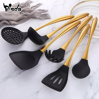 Gold Cooking Tool Set Silicone Head Kitchenware Stainless Steel Handle Soup Ladle Colander Set Turner Serving Spoon Kitchen Tool - Eloy Royal