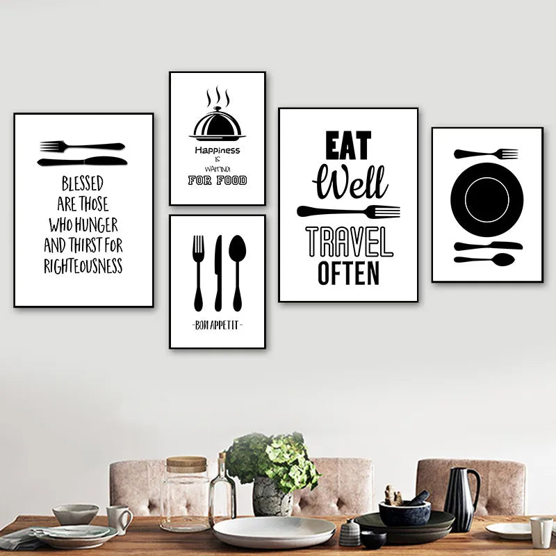 Black White Cartoon Kitchenware Art Painting Poster And Print Knife And Fork Wall Pictures For Kitchen Modern Home Decor YX198 - Eloy Royal