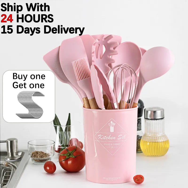 Pink Cooking Kitchenware Tool Silicone Utensils With Wooden Multifunction Handle Non-Stick Spatula Ladle Egg Beaters Shovel Set - Eloy Royal