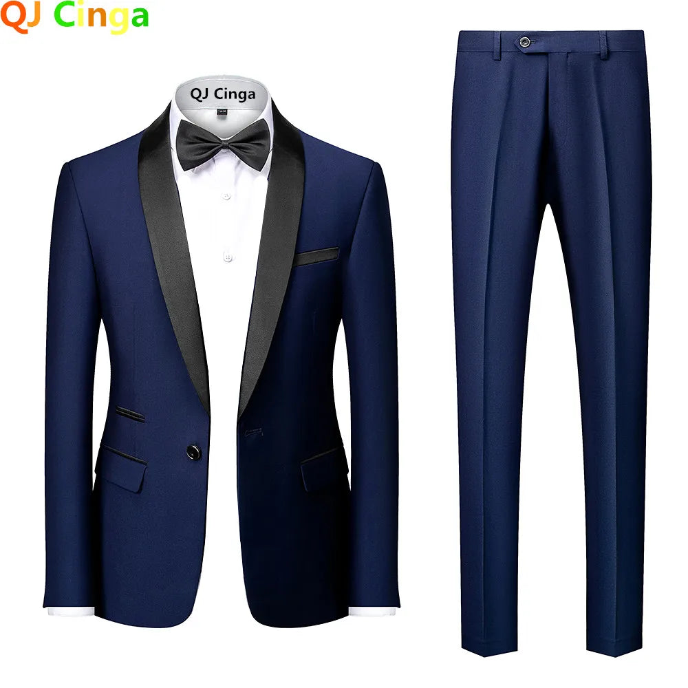 Black Men Mariage Color Block Collar Suits Jacket Trousers Male Business Casual Wedding Blazers Coat Pants 2 Pieces Set S-6XL