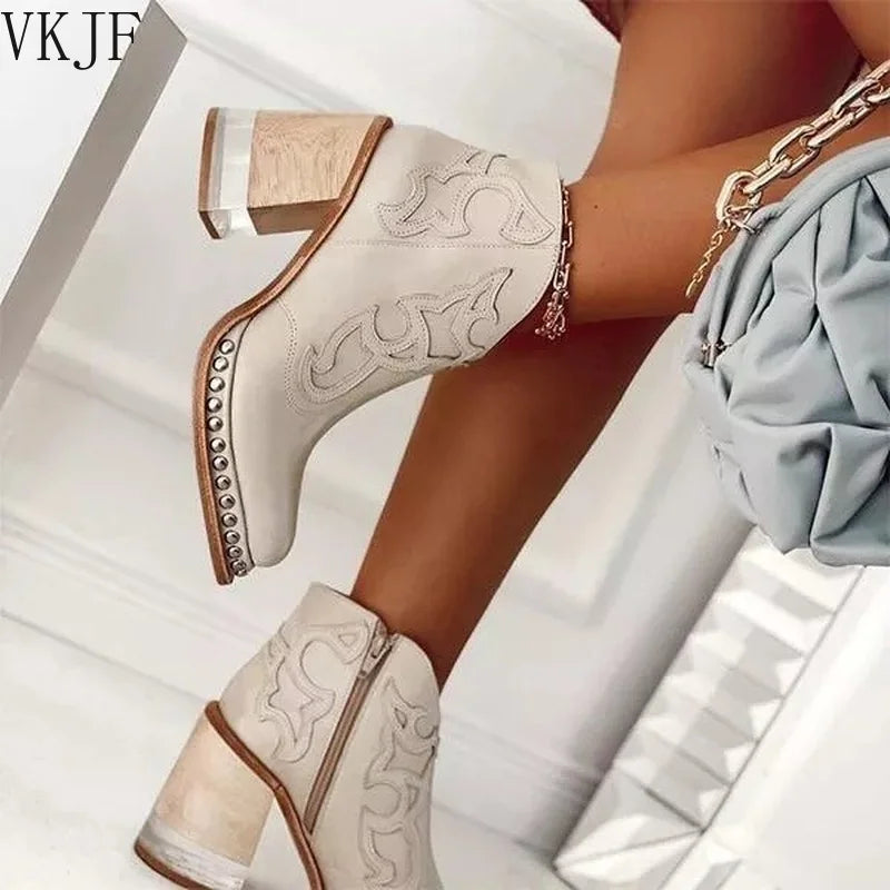 2023 Leather Women Ankle Boots Women's Shoes Low Heel Cool British Embroidered Design Soft Short Boots Party Women Footwear - Eloy Royal