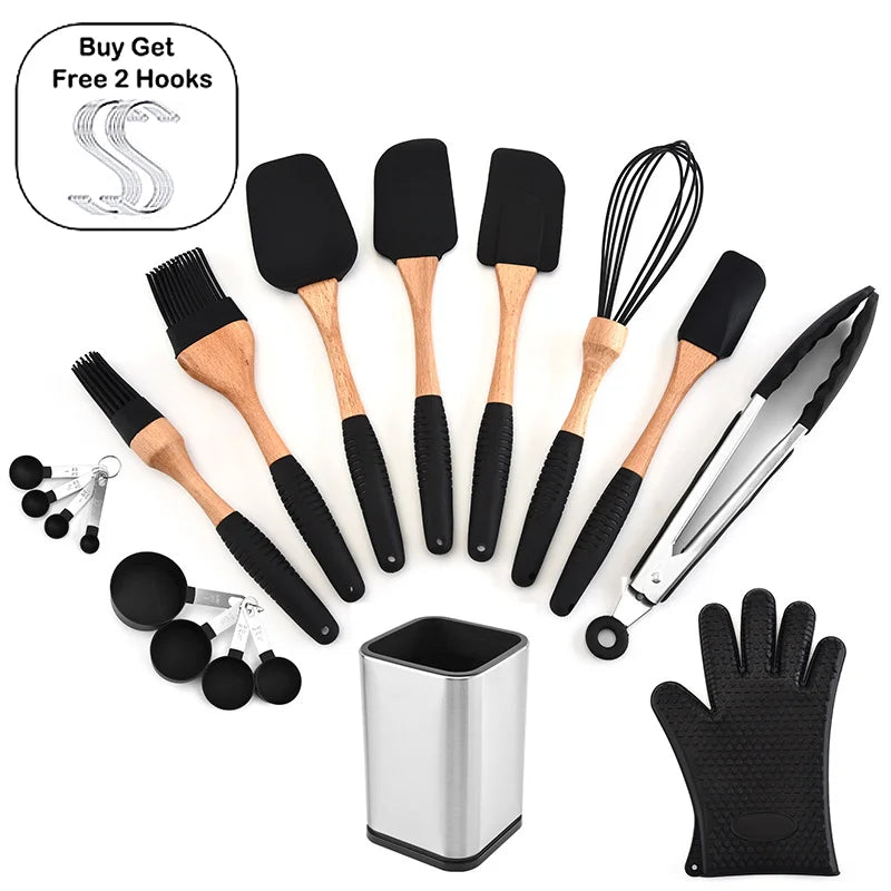 Silicone Kitchenware Wood Cooking Utensils Spatula Brush Scraper Pasta Server Gloves Egg Beater Black Kitchen Cooking Tools - Eloy Royal