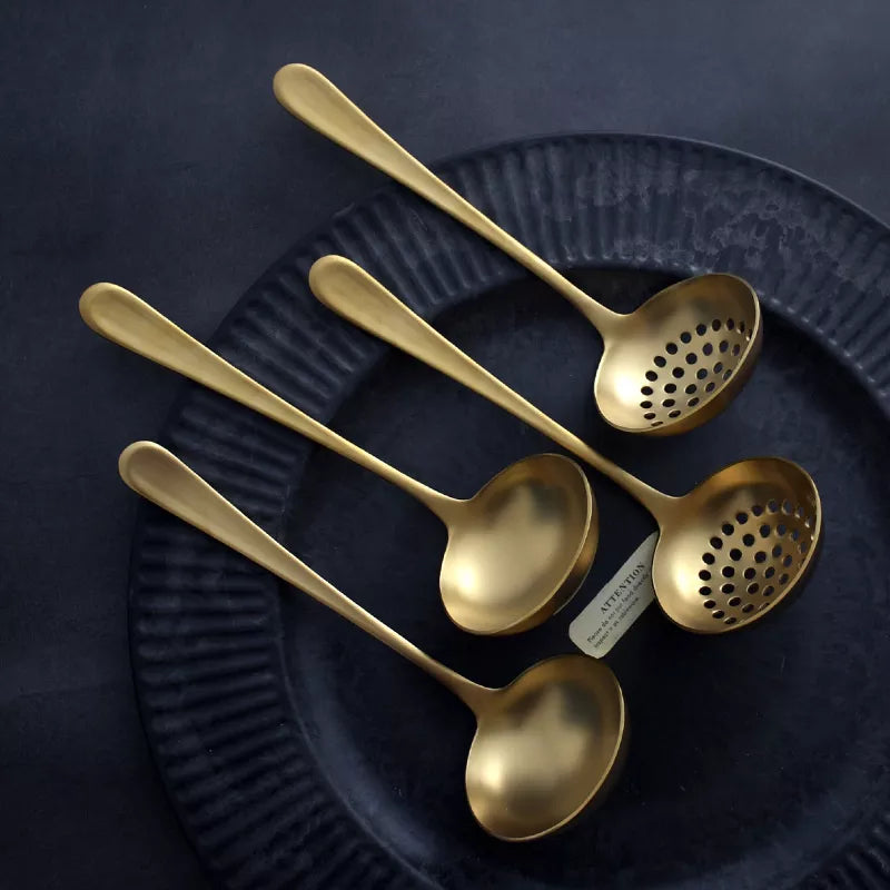 Gold Metal Soup Ladle Colander Set Kitchen Cookware Long Handle Soup Spoon Dinner Kitchenware Serving Spoon Utensil Tools - Eloy Royal