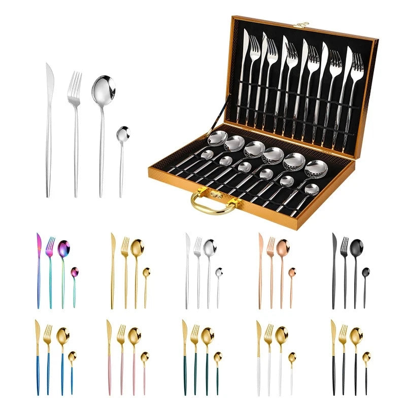 24PCS Cutlery Set Stainless Knife Fork Spoon Flatware Tableware Set Gold Gift Box Portable Dinnerware Dishwasher Kitchenware - Eloy Royal